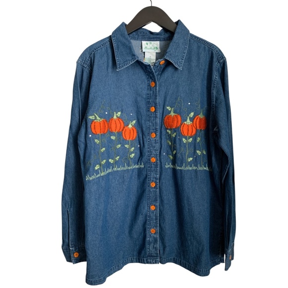 The Quacker Factory Women's Embroidered Pumpkin Fall Denim Shirt Medium Beaded - Picture 1 of 7